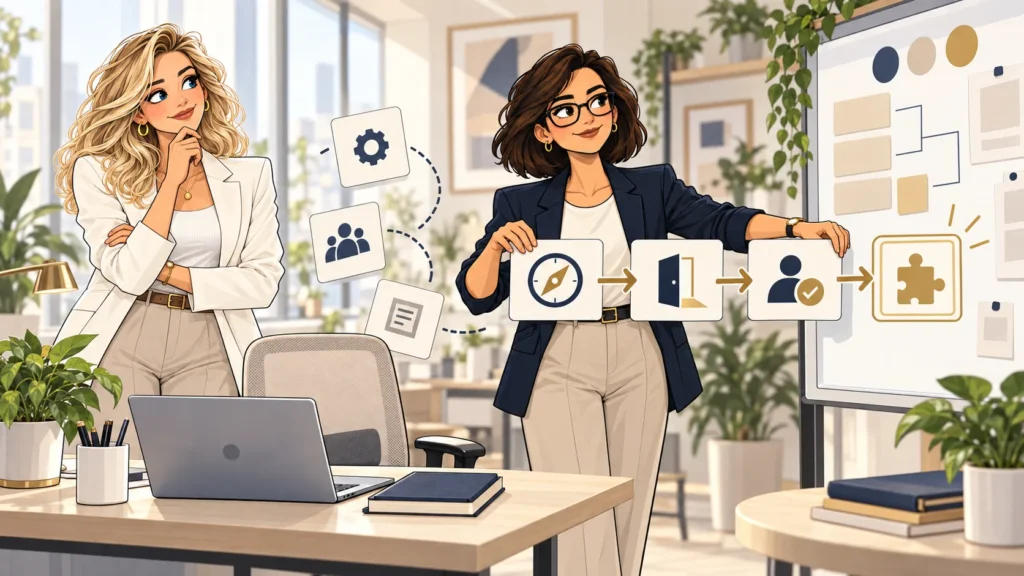 The Architect connects Founder A’s prepared new-hire workstation to a clear path of context, access, ownership, and useful work.
