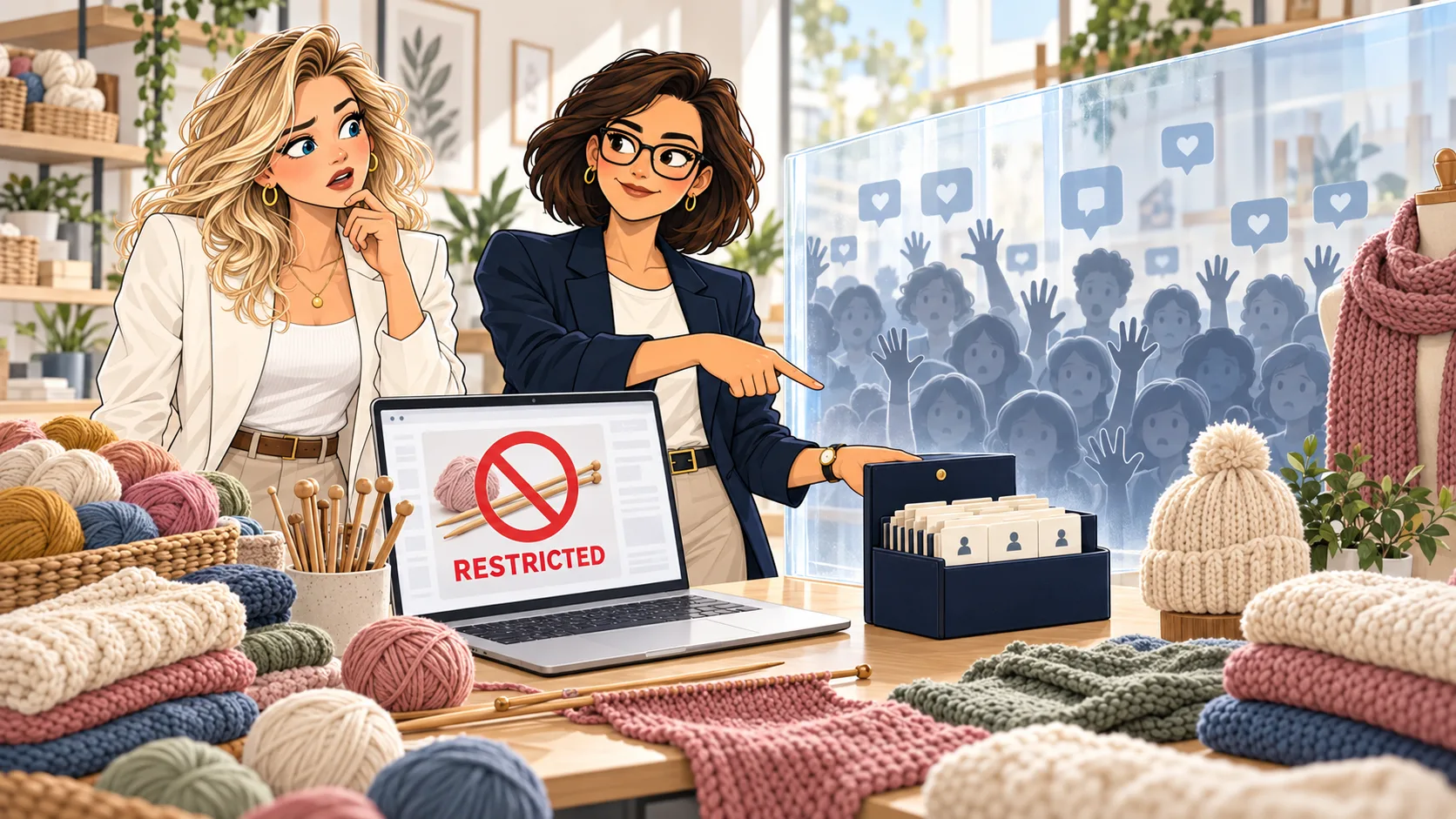 Founder A and The Architect in a knitting studio beside a laptop that marks knitting needles as restricted, with followers trapped behind a platform barrier and customer records safely under the business’s control.