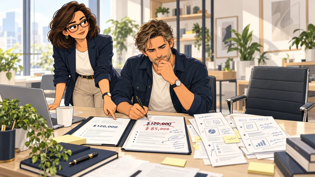Founder B lowers the price and adds options to a proposal beside an empty buyer chair while the Architect points to the original stronger offer.