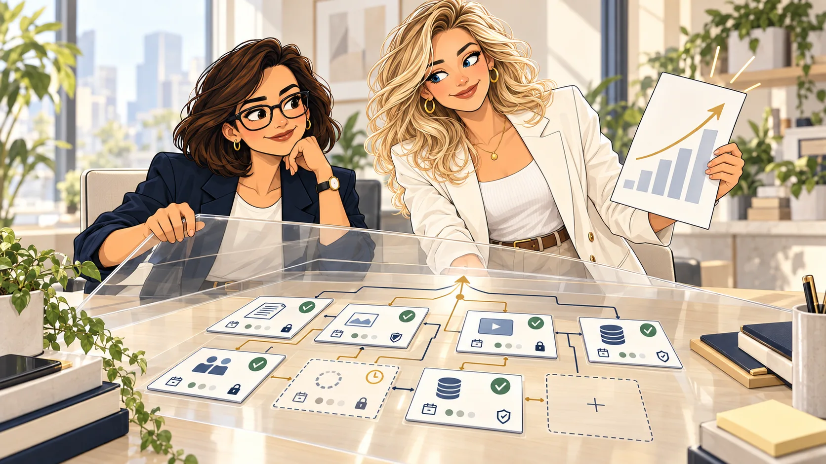 The Architect and a founder reviewing the evidence structure beneath a polished strategy brief