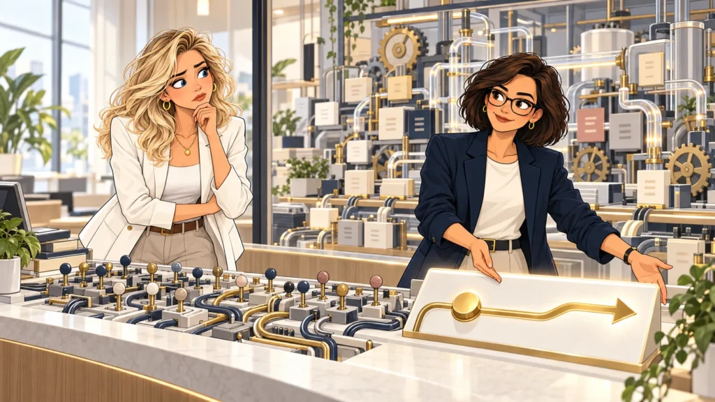 Founder A faces a dense bank of business controls while the Architect presents one clear path forward, with sophisticated machinery operating behind them.