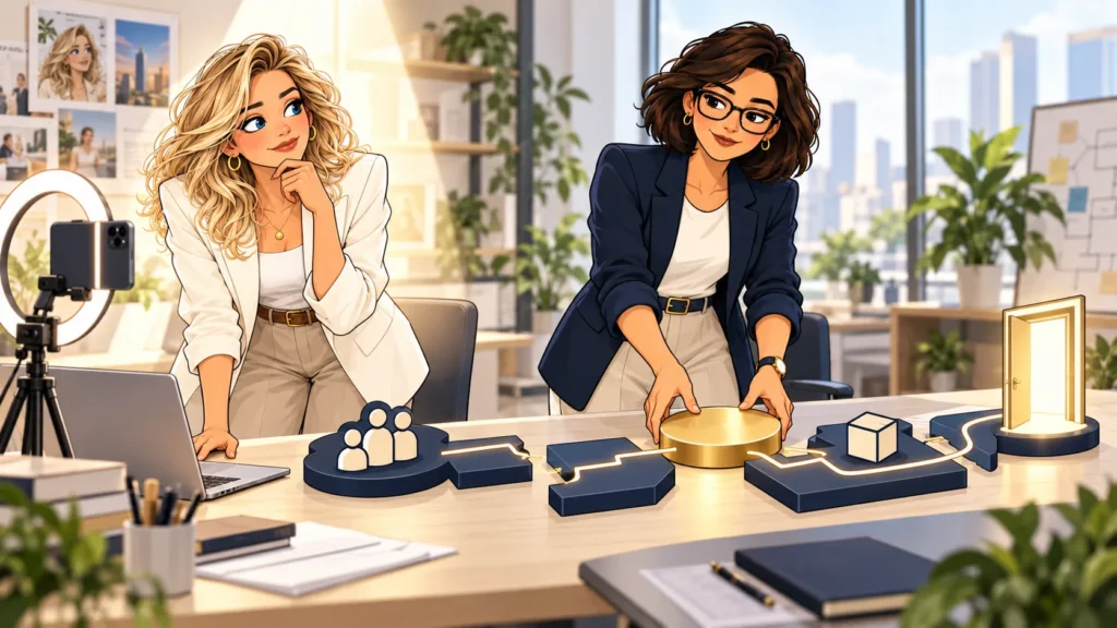 Founder A stands beside a camera while the Architect connects a broken business pathway around a central gold hub leading to an open door.